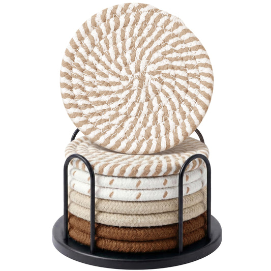 Lazebox Coasters Set of 8 for Drinks, Beer, Coffee, Cotton Woven 4 Colors Absorbent Coaster with Holder, Boho Coasters for Home Decor Tabletop Protection Suitable for Kinds of Cups, Coffee
