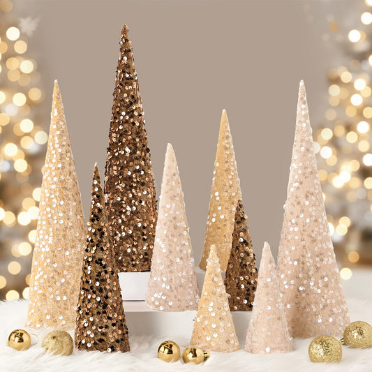 Bunny Chorus Christmas Table Décor: 9pcs Neutral Cone Christmas Trees with Earth Tones Glitter Sequins Surface, Modern Christmas Decorations for Xmas New Year Soft Cozy Winter Holiday Home Décor