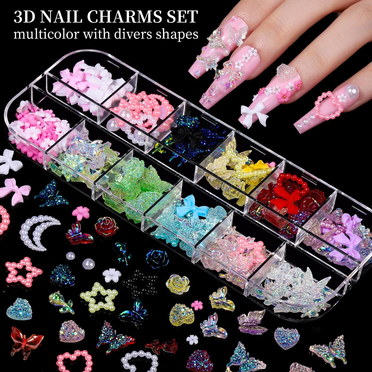 FANDAMEI Nail Charms, Nail Rhinestones Kit with 8 Boxes of Nail Gems, 3D Charms for Nails, Colorful Clear Flatback Rhinestones, Charms Y2K for Nails, Multi Shape Pearls Jewels for Crafts