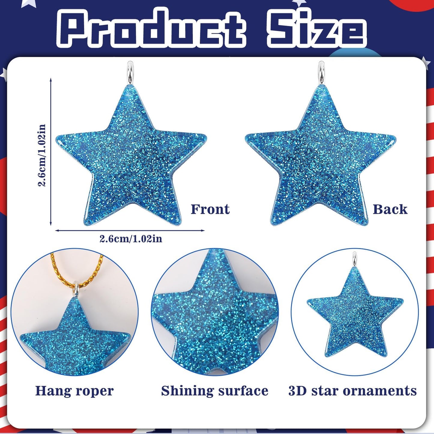 DTOFOOT 48PCS Mini Resin Patriotic Star Ornaments 4th of July Hanging Pendants for Small Tree Glitter Blue Red Star Charms with String for Memorial Day Independence Day 250th Anniversary Party Decor