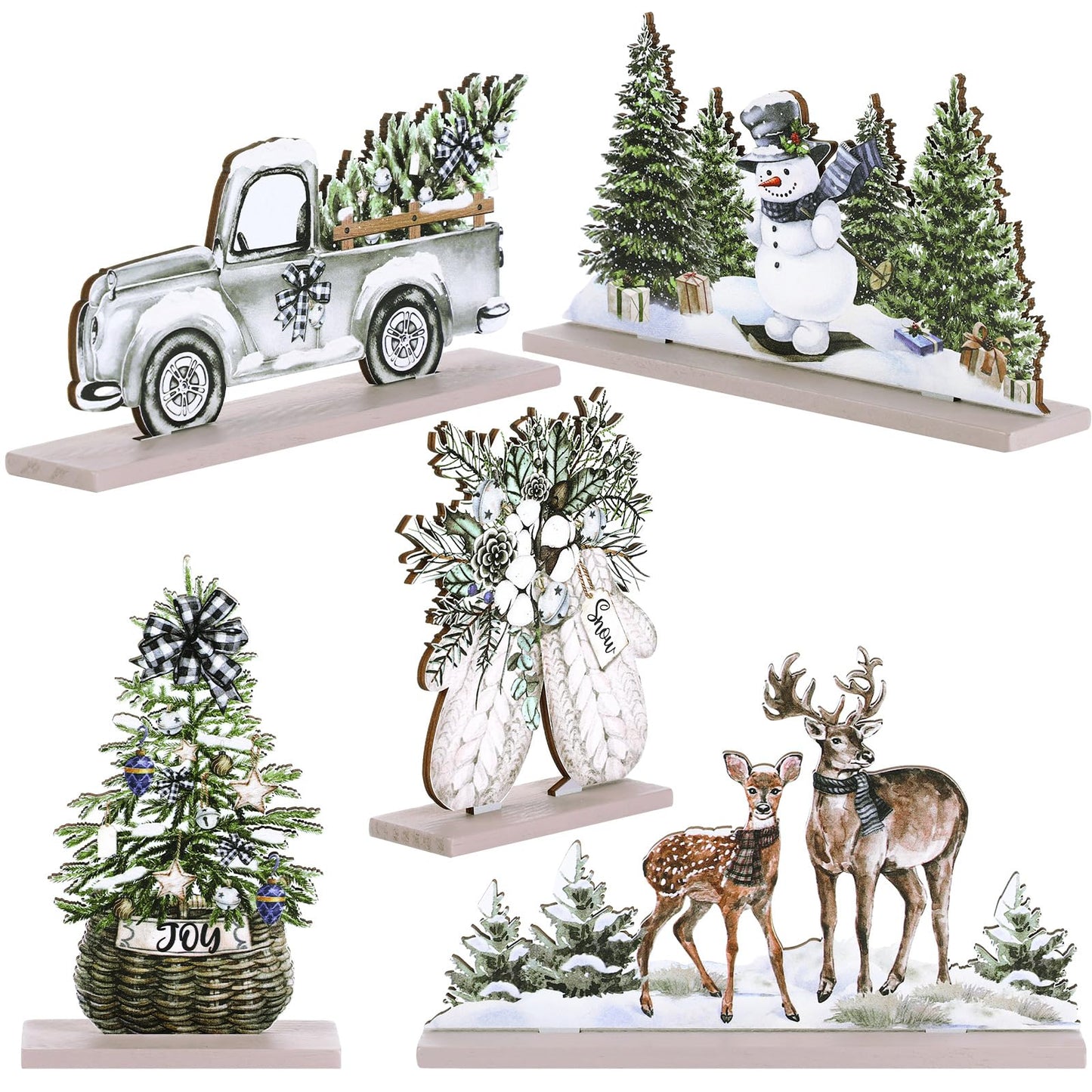 Huwena 5 Pcs Christmas Table Decorations Wooden Christmas Table Centerpieces Joy Sign Snowman Reindeer Gloves Signs for Winter Holiday Snow Xmas Dinner Coffee Tier Tray Decor(Reindeer,White)