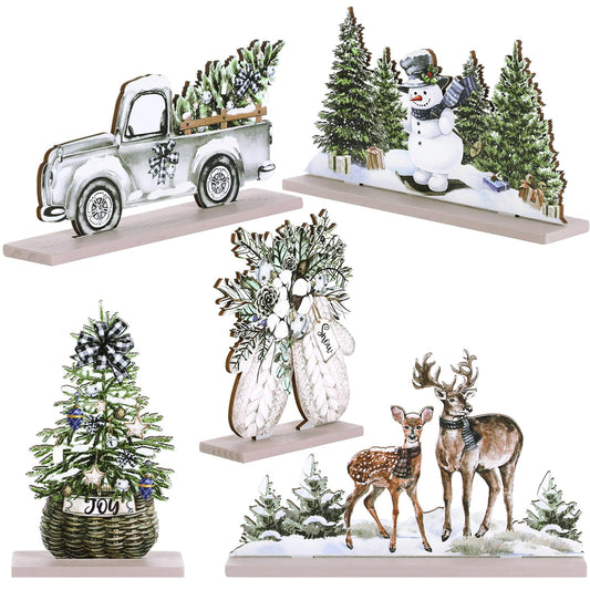 Huwena 5 Pcs Christmas Table Decorations Wooden Christmas Table Centerpieces Joy Sign Snowman Reindeer Gloves Signs for Winter Holiday Snow Xmas Dinner Coffee Tier Tray Decor(Reindeer,White)