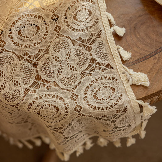 YJ YANJUN Boho Lace Curtains 84 inches Long 2 Panels-Vintage Floral Crochet Sheer Panels with Tassel for Living Room Bedroom Light Filtering Cottagecore Bohemian Farmhouse Drapes Beige W59 x L84