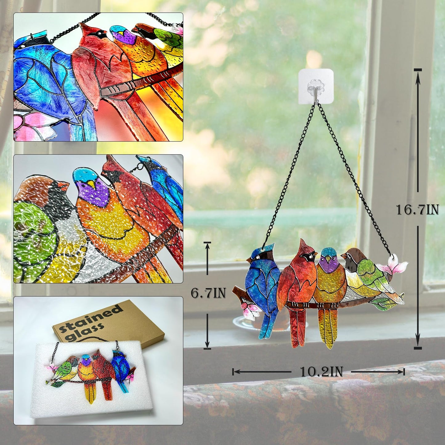DASTOLL Stained Glass Window Hanging - Birds on A Branch Suncatcher for Window Doors Home Decoration, Valentine's Day Mother's Day Birthday Bird Lover Gifts for Women, Men, and Mom Grandma