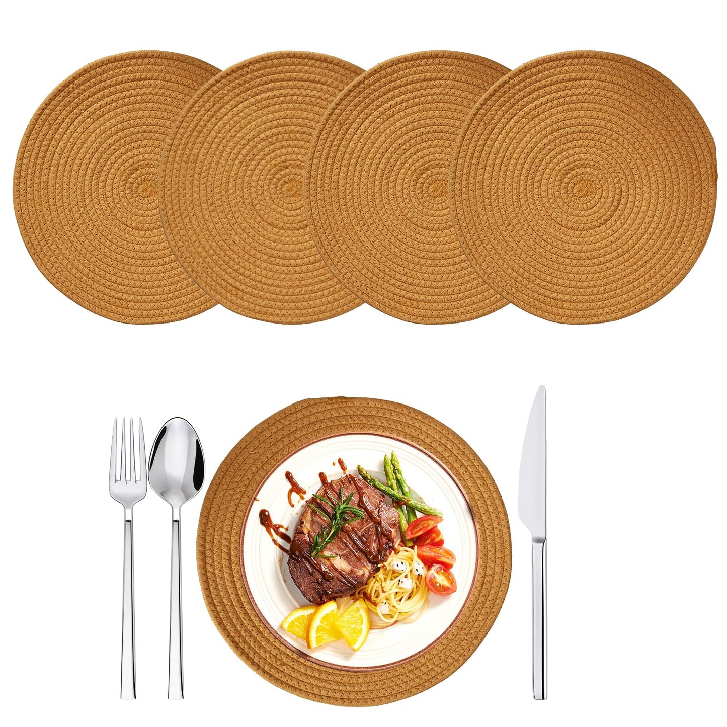 Round Placemats Set of 4, 13.8 Inch 100% Cotton Rope Woven Place Mats, Heat Resistant Washable Boho Farmhouse Table Mats, Non-Slip Absorbent Dining Table Mats for Kitchen Decor