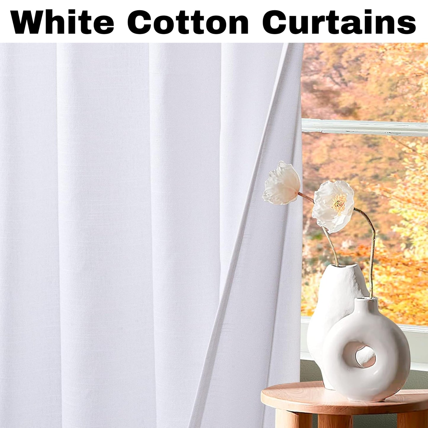 Bedding Craft White Cotton Curtains,63 Inch Tab Top Cotton Curtain Set 2 – 50x 63 Drapes for Living Room, Bedroom, Dining Room – Set of 2, Elegant White Panels