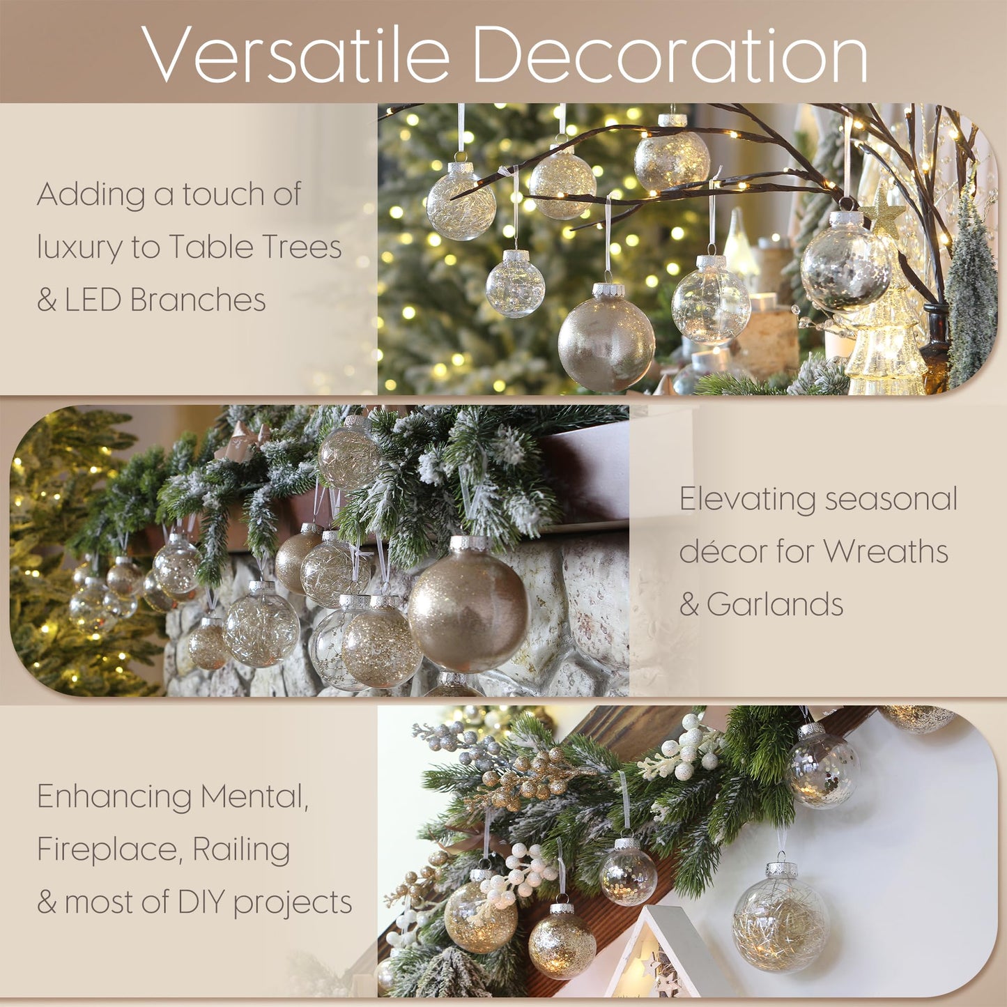 Sea Team 60mm/2.36" Shatterproof Clear Plastic Christmas Tree Ball Ornaments Set, Decorative Hanging Transparent Xmas Baubles with Stuffed Delicate Decorations (30 Counts , Champagne)