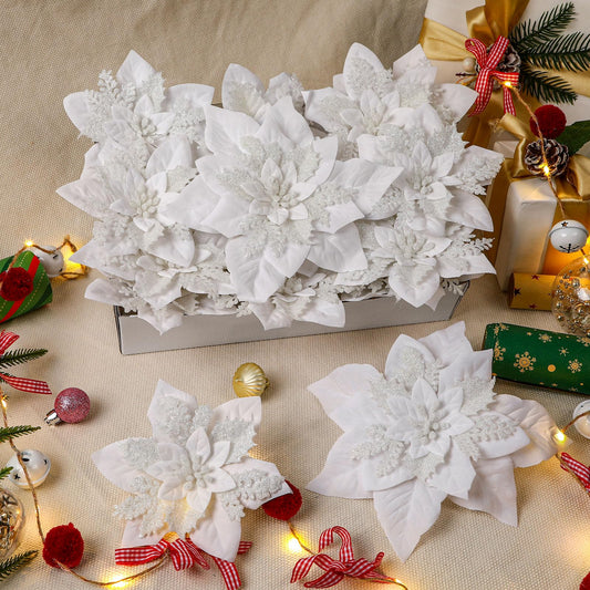 Alupssuc 24PCS 6"& 9" White Artificial Poinsettia Christmas Flowers, Faux Glitter Ornaments for Xmas Tree Wreath Garlands New Year Home Decor, White
