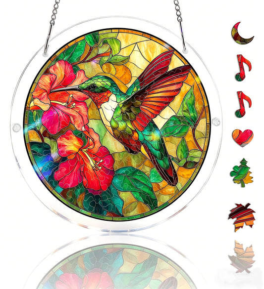 FINEED Acrylic Jigsaw Puzzle Suncatcher, 83 Pcs Stained Glass Window Hanging, Emerald Flame Hummingbird DIY Sun Catcher with Metal Chain, Garden Home Decor, Creative Gift for Women Mom Wife Grandma