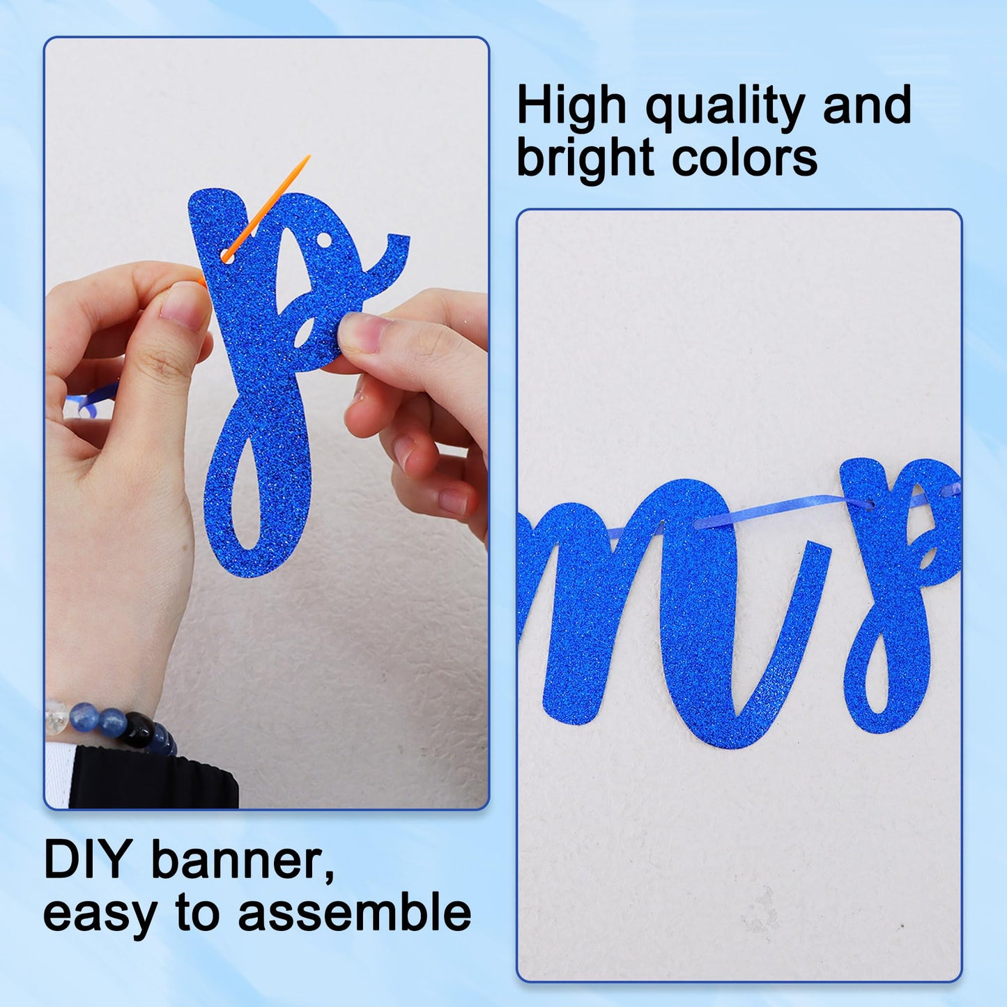 BEISHIDA Glitter Blue 116 PCS A-Z DIY Letter Banner Kit Make Your Own Banner，Including 111 Letters and Numbers 3 Rope and 2 Threading Device,Customized for Birthday Graduation Wedding Party Decor