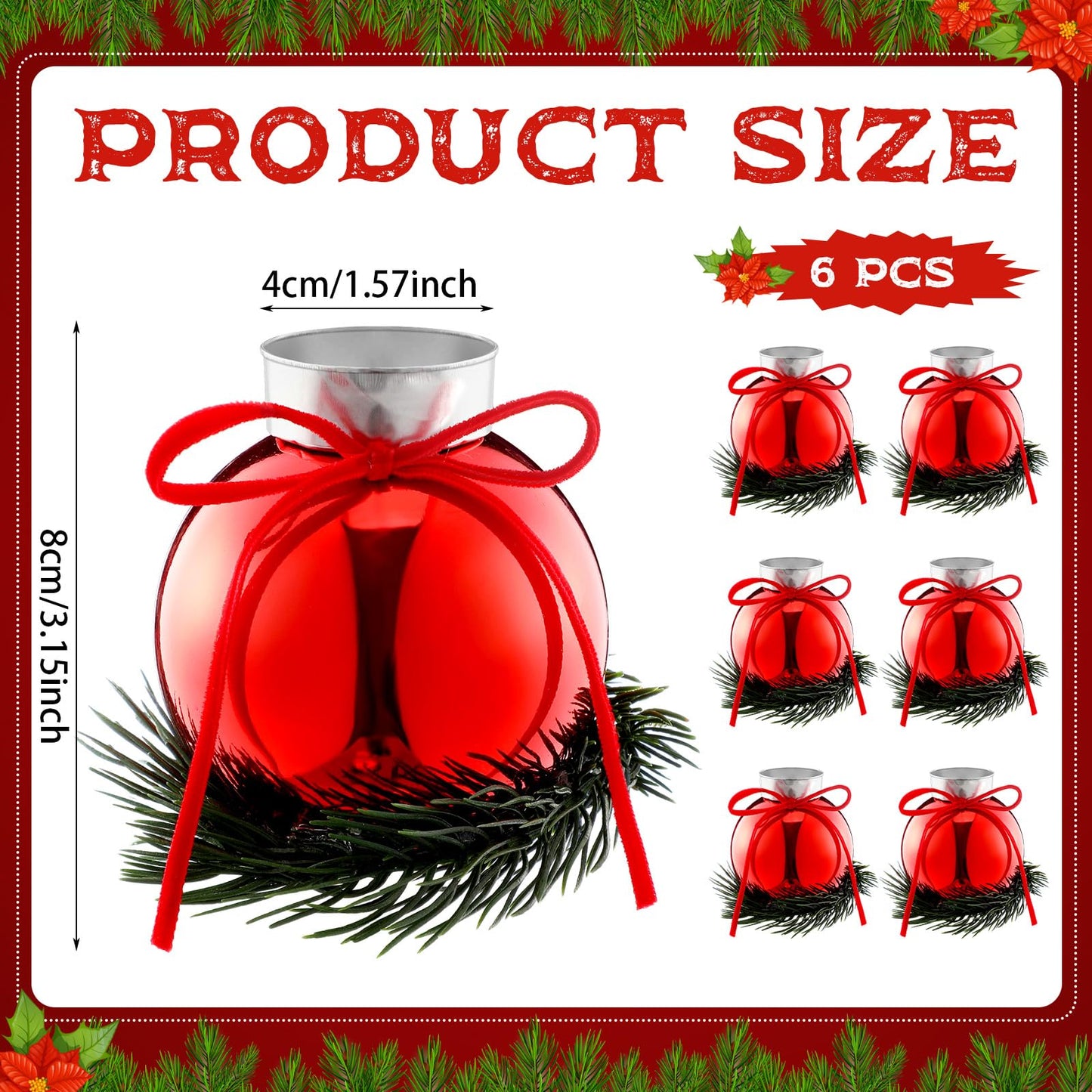 Suncalla 6 Pcs Red Christmas Tealight Candle Holder Christmas Dinner Table Decorations Ball Candlestick Holder with Bow and Wreath for Party Indoor Decorations