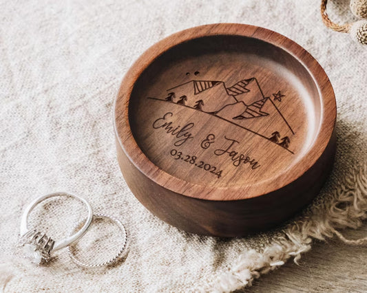 DoneOne Custom Round Wood Ring Dish, Engagement & Wedding Ring Holder, Personalized for Newlyweds