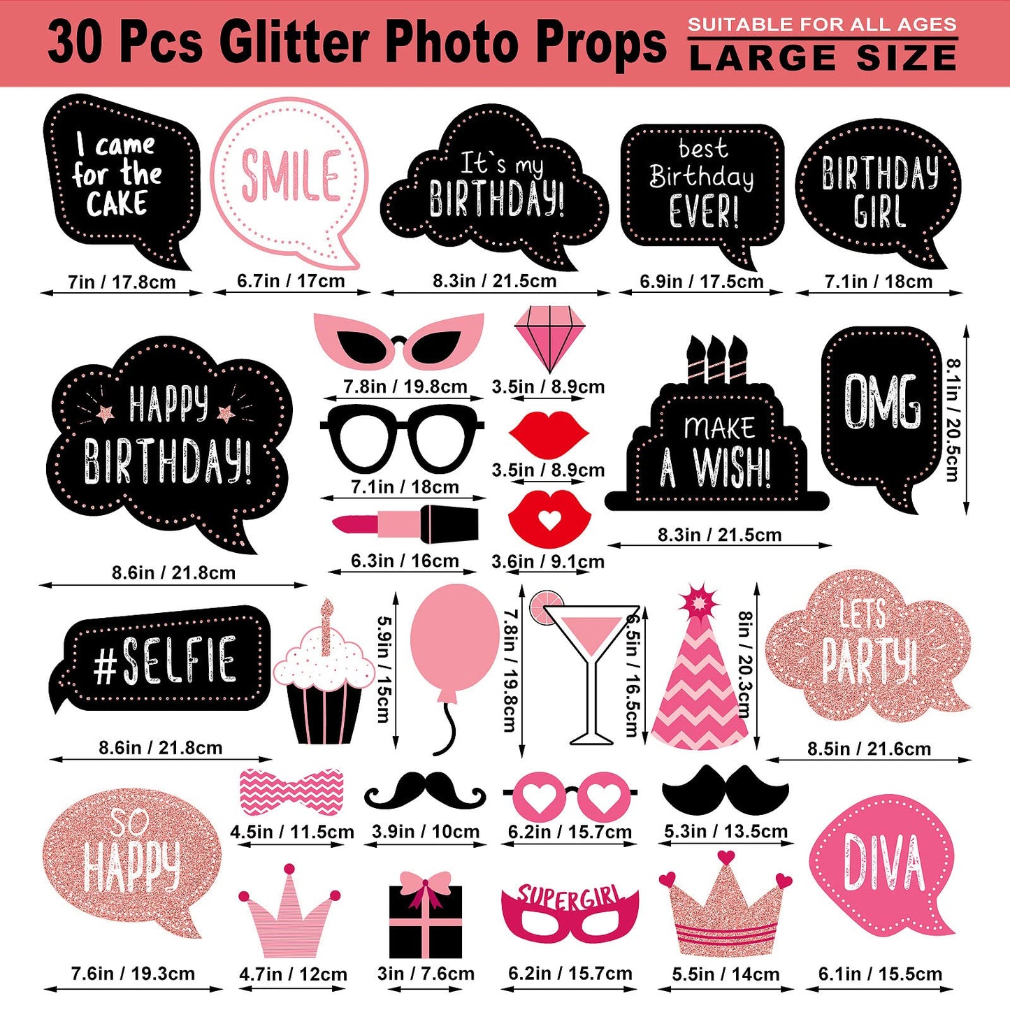 Birthday Photo Booth Props Kit - Happy Birthday Party Favors Supplies Bday Party Decoration Set with Real Glitter Cute Bday Designs for Women - Easy to Assemble 30 Pieces (Rose Gold)