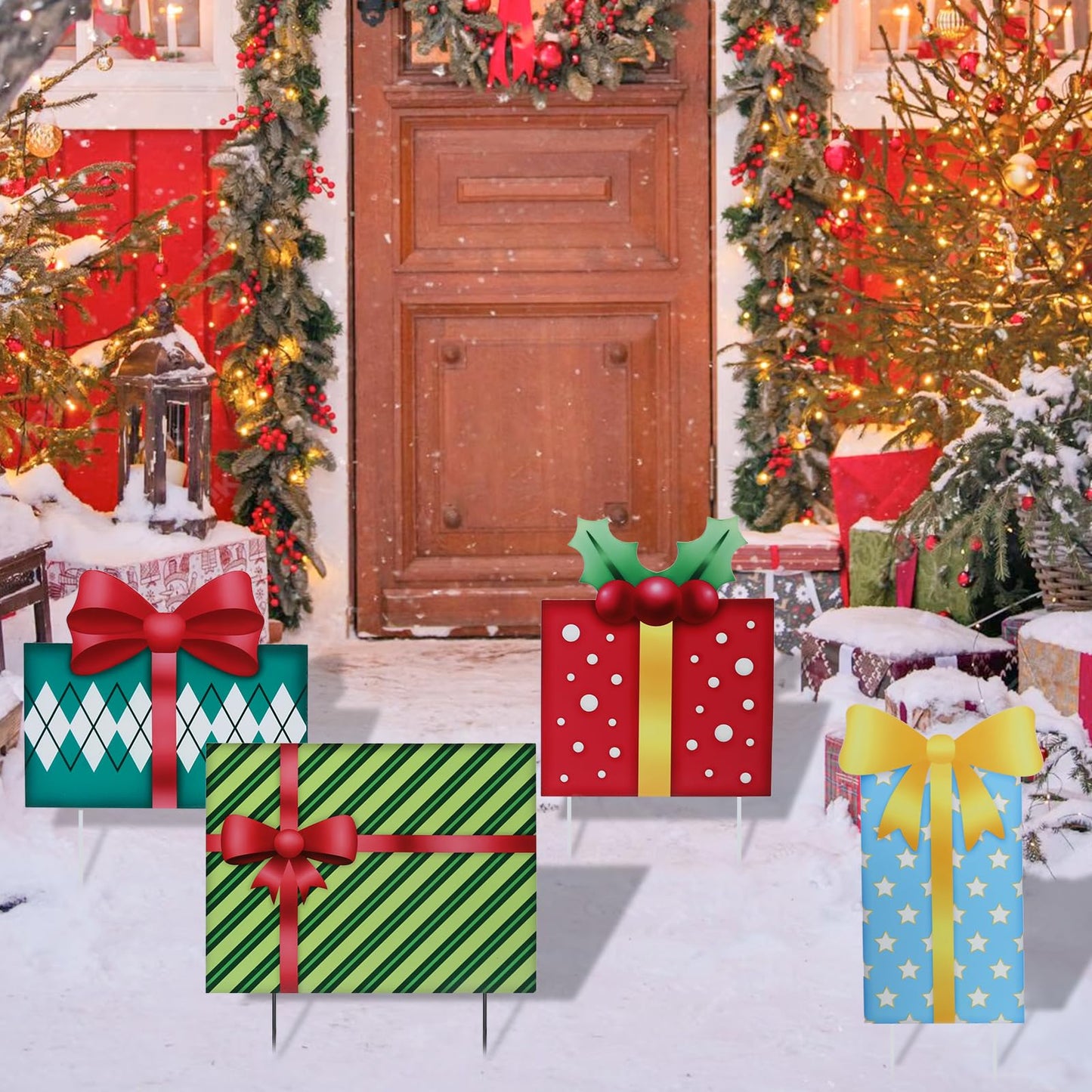 Bshine Outdoor Christmas Decoration Yard Sign, 41.5" Box Metal Stakes, Stackable Gift Boxes for Holiday Home Xmas Outdoor Garden, Lawn, Patio, Porch Decor, 4 Pack