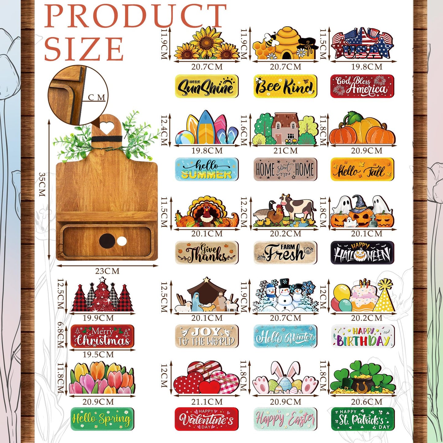 GlikCeil 37 Pcs Interchangeable Seasonal Decor Farmhouse Breadboard Interchangeable Seasonal Tier Tray Decor Holiday Halloween Thanksgiving Christmas Wooden Decoration with Bow for Table Kitchen