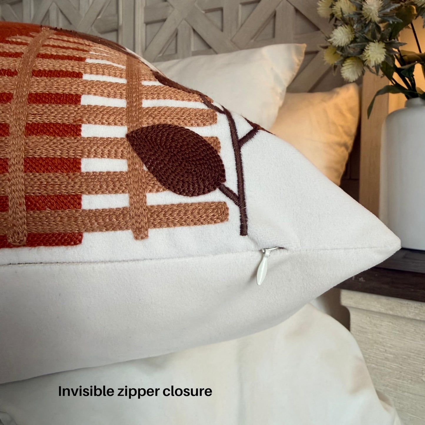 AYAY Decorative Velvet Throw Pillow Cover 18x18 Inch – Off White with Brown & Rust Embroidered Abstract Design, Warm Neutral Boho Accent Cushion, Hidden Zipper, Cover Only