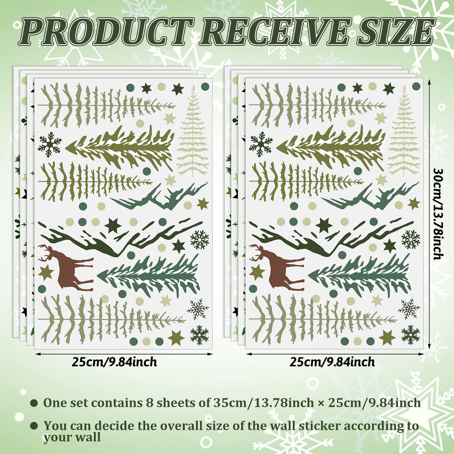 Teling 8 Pieces Winter Snowflake Wall Decals Stickers Dreamy Nursery Forest Woodland Trees Deer Pine Tree Wall Decals for Kids Room Winter Decor(Green, Brown)