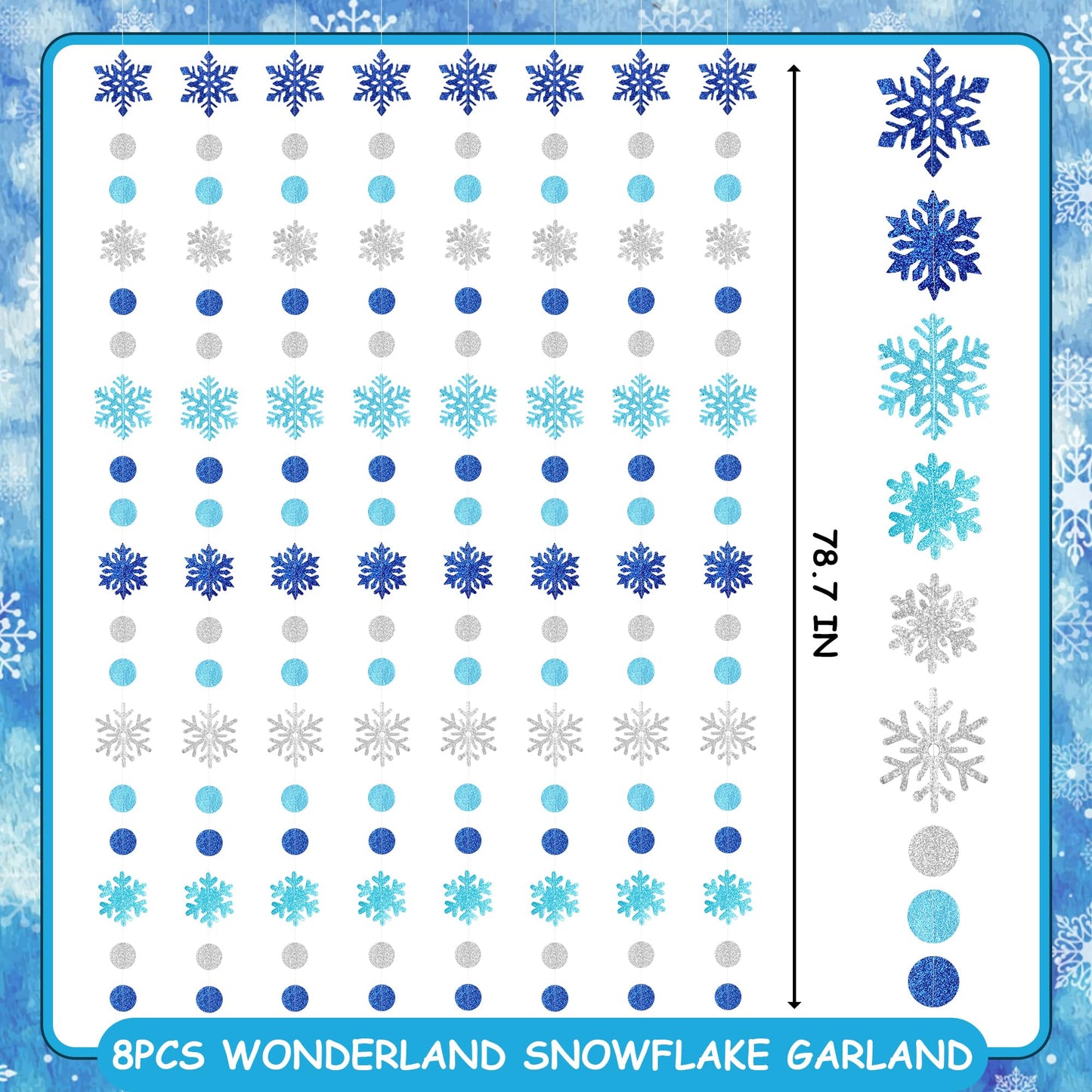Kriyokiaa 8 PCS Blue Snowflake Garland Set, Double-Sided Glitter Winter Wonderland Hanging Decorations for Baby Shower, Birthday, Holiday Party Backdrop, Navy & Silver Paper Circle Snowflake Strings