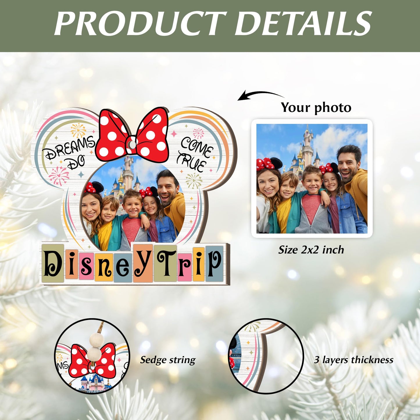 Family Vacation Trip Wooden Photo Ornament – Ears with Bow Design, “Dreams Do Come True” Family Vacation Magic Kingdom Keepsake, Rustic Holiday Decoration with Photo Frame