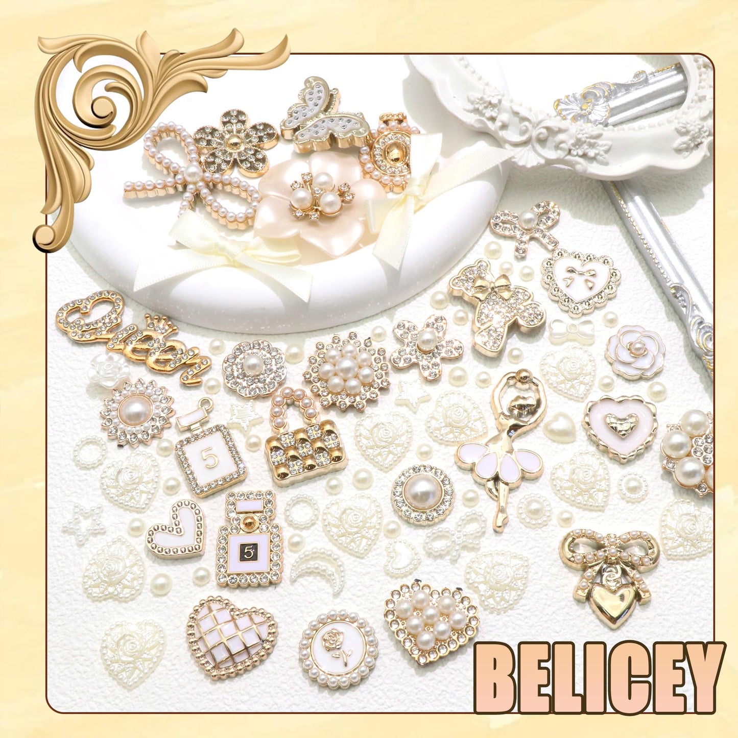 BELICEY Junk Case Charms Elegant Flower Butterfly Charm for Phone Case 3D Bow Heart Bear Junk Phone Case Kit Flatback Pearls Rhinestone for Customizing DIY Craft Accessories