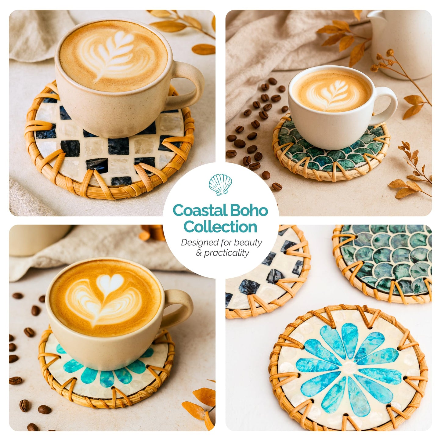 JUNGLE CULTURE Mother of Pearl Rattan Coasters for Drinks with Holder • Handmade Round Coaster Set of 6 • Sustainable Wicker Homeware • Coffee Table, Mugs, Glasses, Tiki Cups • Coastal Boho - Cascade