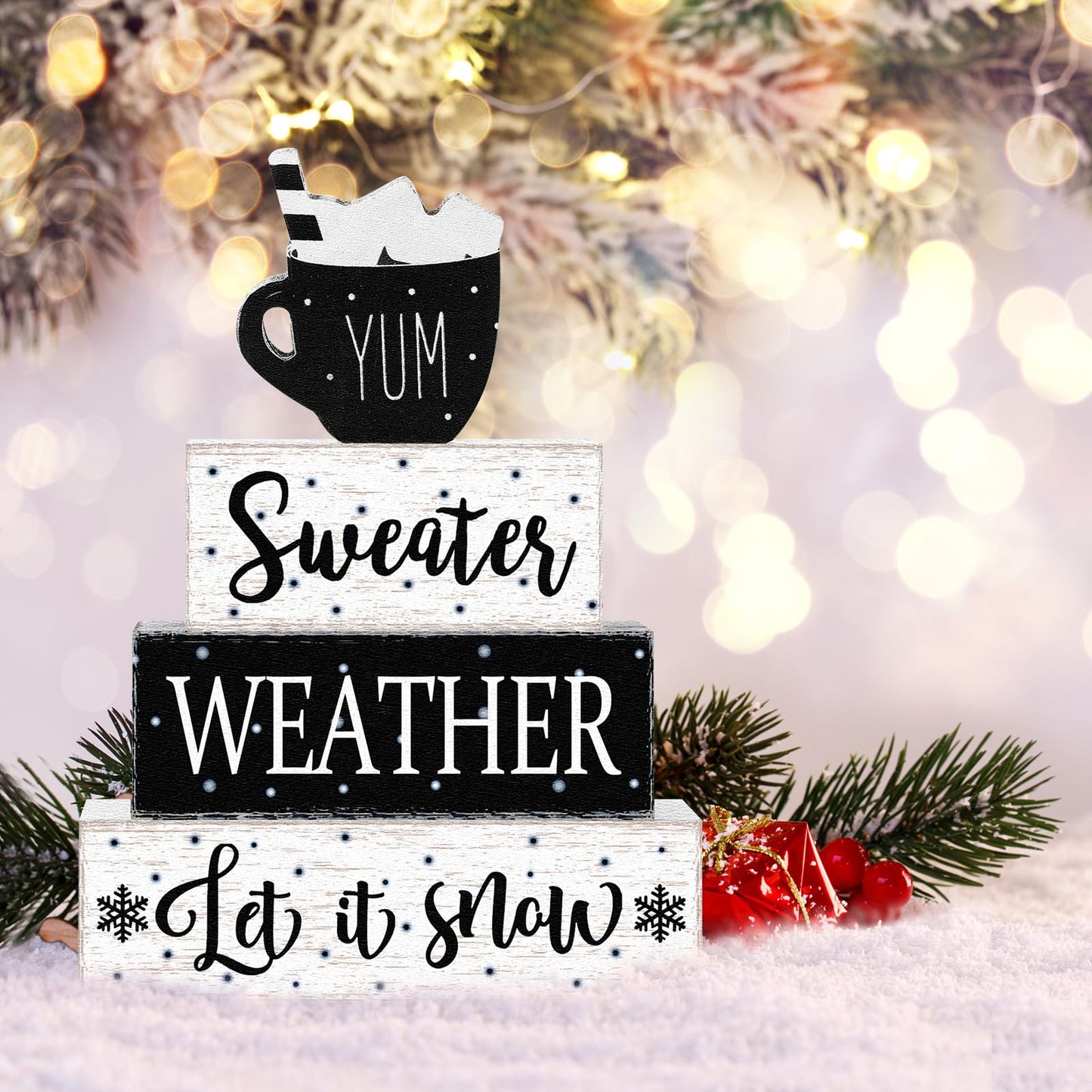 Marsui 4 Pcs Winter Wooden Tabletop Decor Rustic Hot Cocoa Block Sign Gift Farmhouse Christmas Tiered Tray Centerpiece Winter Decor for Home Office Desk Shelf Mantel