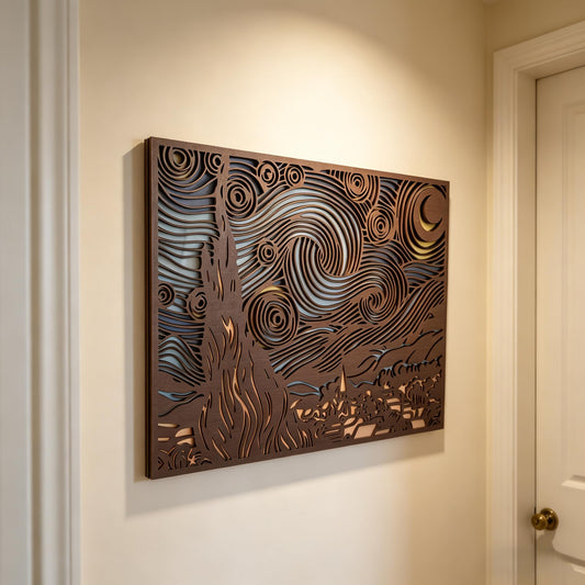 Starry Night Wood Wall Art, 5-Layer Laser Cut, 3D Multilayer Decor, 16x12 inch, Van Gogh Inspired