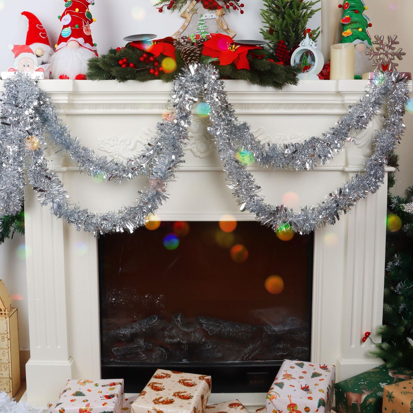 CCINEE Christmas Tinsel Garland, 50 Feet Silver Metallic Foil Hanging Tinsel Twist Garland for Xmas Tree Home Mantle Stair Fireplace Holiday Party Indoor Outdoor Christmas Decoration