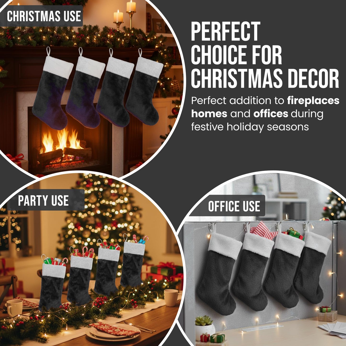Iconikal 4-Pack Black 18-Inch Plush Fabric Christmas Stocking, Soft White Cuff, Holiday Decor
