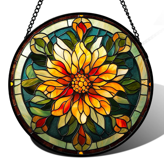 JOSUMALY Stained Glass Window Hanging - Retro Yellow Flower Suncatcher for Door Garden Home Decor Dahlia Sun Catcher Christmas Birthday for Lovers Friend Women Mom Nana 6.3 in