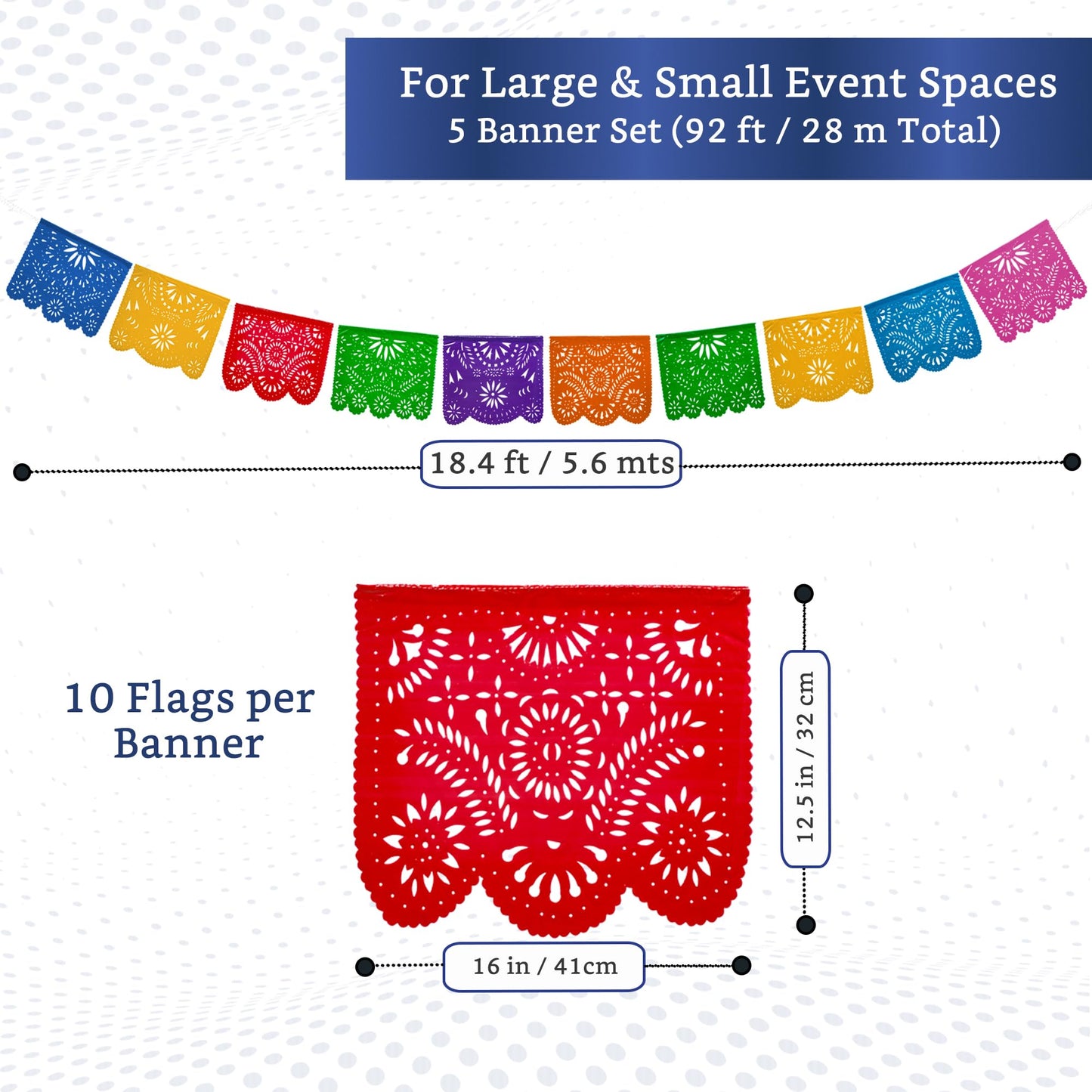 Mexican Party Banners (5 Pack with 10 Plastic Flags per Banner) - Papel Picado Mexicano para Fiesta - Plastic Papel Picado - Fiesta Themed Party Decorations - Mexican Decor