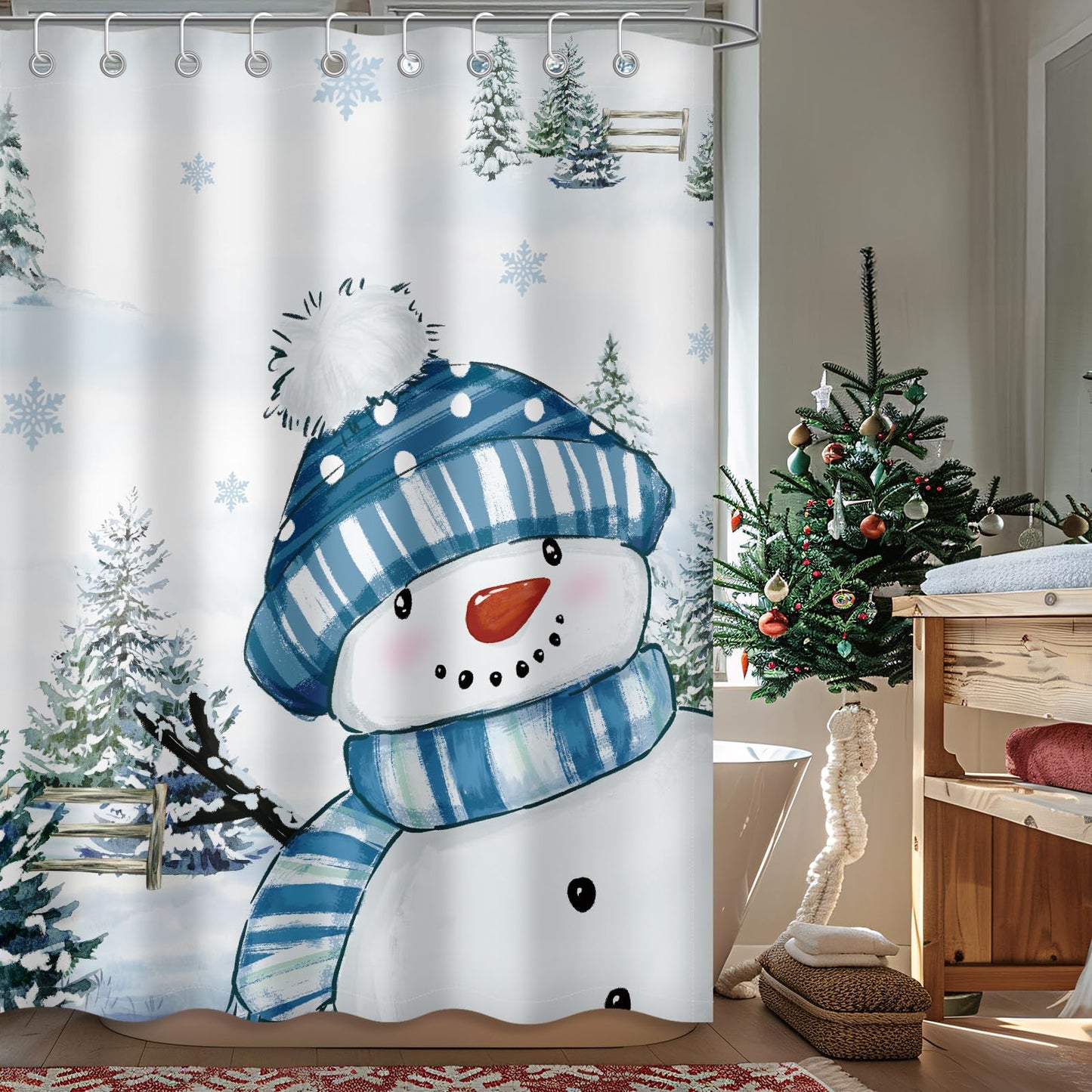 Moutina Winter Christmas Snowman Shower Curtain, Snow Snowflake Xmas New Year Holiday Winter Decor Bathroom Curtain Set - 72x72 Inch Waterproof Polyester Fabric with Hooks