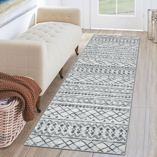KUTA 2x6 Washable Runner Rug Non-Slip, Grey Moroccan Boho Rug Runner for Hallways Distressed Geometric Vintage Kitchen Rugs, Ultra Soft Floor Mat for Entryway, Bathroom, Laundry, Living Room, Bedroom