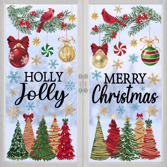 Feivando 8 Sheets Christmas Window Clings Stickers Winter Snowflake Merry Christmas Tree Xmas Window Decals for Holiday Party Home Office Shop Glass Display Decoration