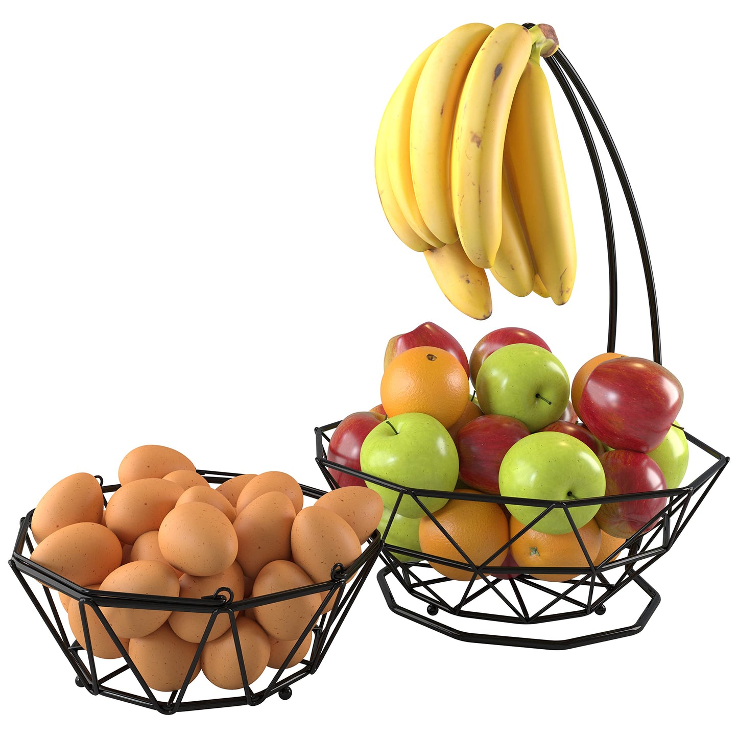 Fruit Basket with Banana Hanger and Fruit Bowl. Kitchen Counter Fruit Bowl with Banana Holder used as Bread, Vegetable or Produce Basket, Egg Holder, 2 Tier