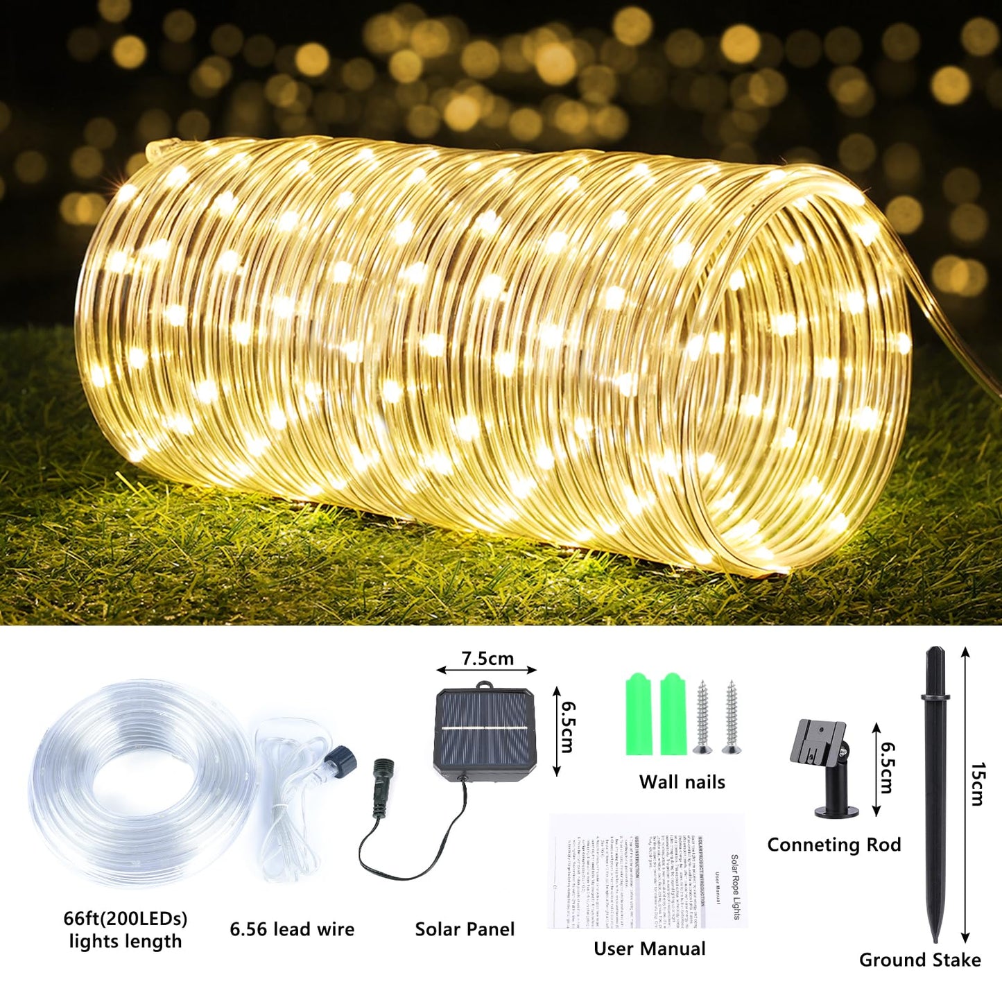 Solar Rope Lights, 2 Packs Total 132ft 400LED Solar String Lights, 8 Modes Waterproof Solar Powered Outdoor Light, Flexible Clear Tube Light for Garden Backyard Patio Deck Pool Tree Decor - Warm White