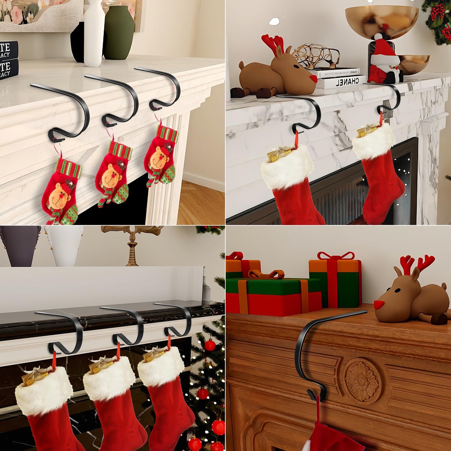 fotwen Christmas Stocking Holders with Scratch Protection for Fireplace Mantle, 5 Pack Christmas Stocking Holder for Christmas Stockings Filled with Gifts, Christmas Decoration Supplies (Black)