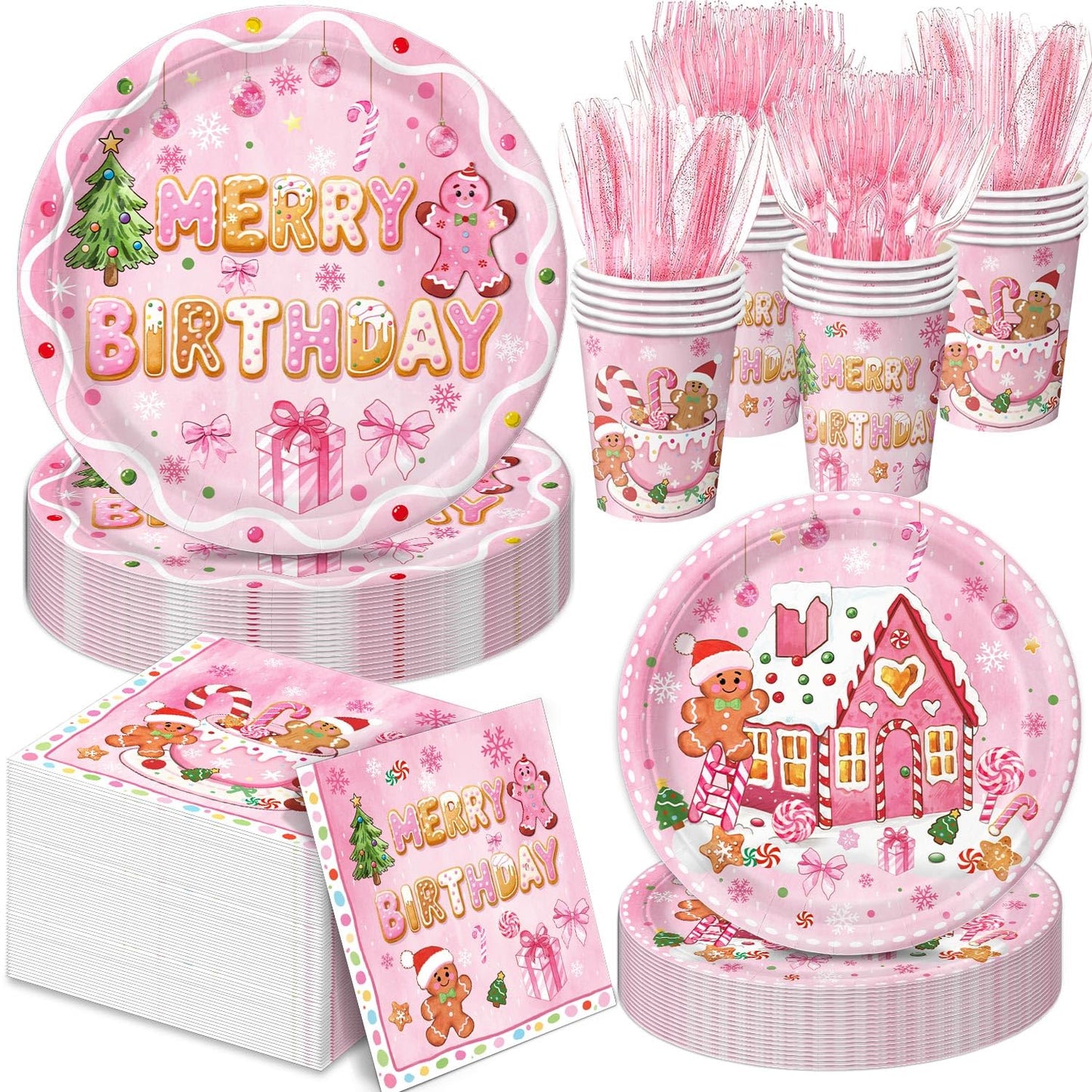 Oigco 120 Pcs Gingerbread Christmas Birthday Party Decorations, Includes Plates, Napkins, Cups, Cutlery for Gingerbread Christmas Party Decorations, Serves 20