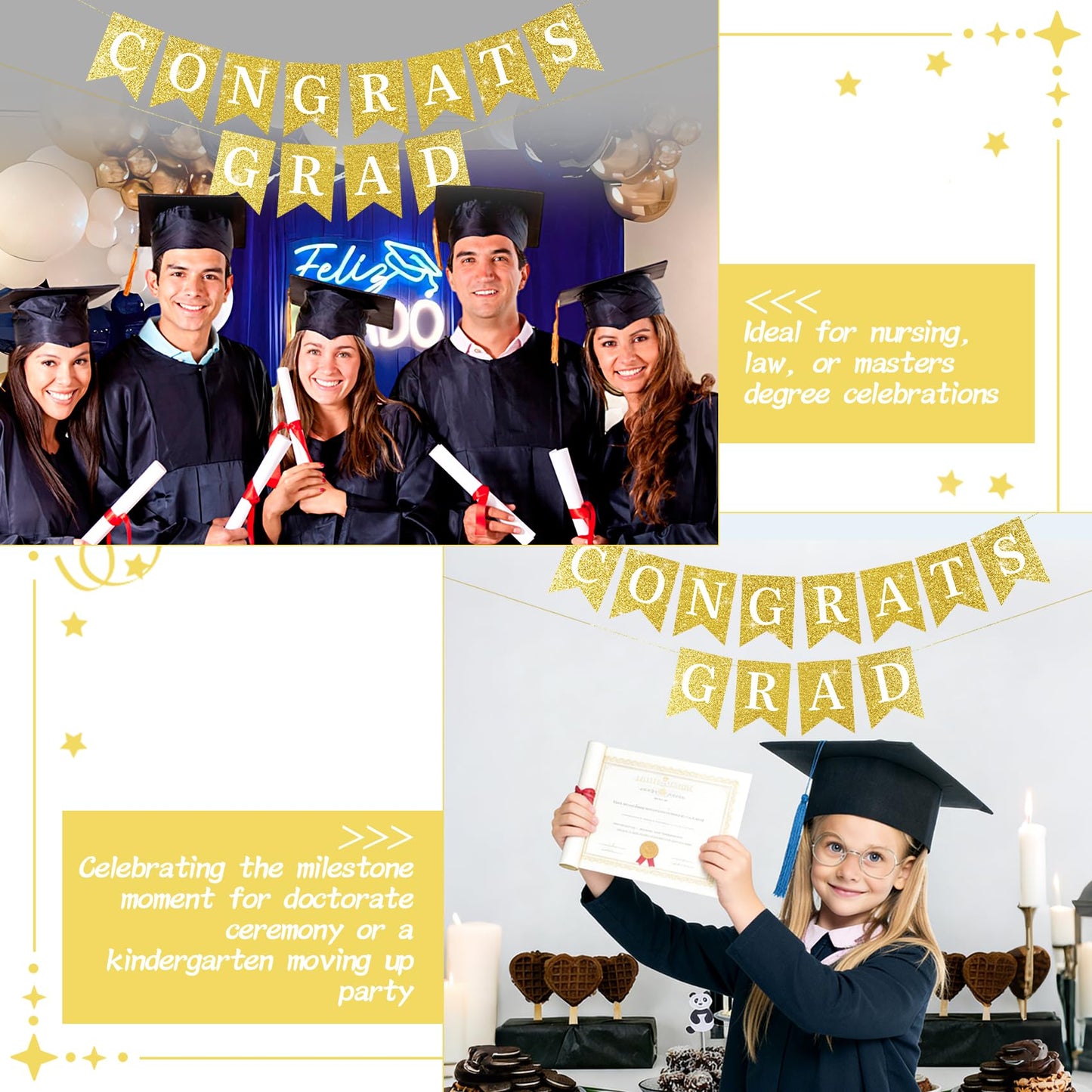 Pre-Strung Congrats Grad Banner - Glitter Graduation Party Decorations 2026, Large No DIY Class of 2026 Sign for High School College Masters Nursing Party Supplies, Sturdy Swallowtail Bunting (Golden )