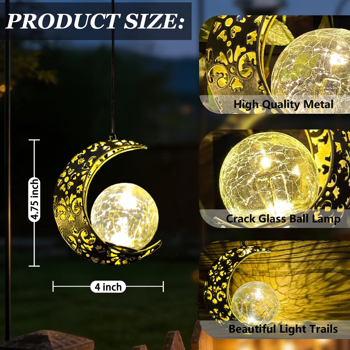 Amugmilk Hanging Solar Lights Outdoor Lanterns Garden Decorations, 2 Pack Moon Lights with Cracked Glass Globes Outside Decor for Backyard Balcony Patio Tree ,Unique Mother's Day Gifts for Women Mom