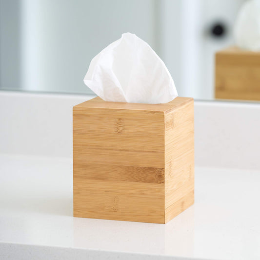 JUSK Design Tissue Box Holder - Modern, Minimalist, Durable Wooden Bamboo Box with Sliding Bottom, Easy-Refill - Premium-Quality Bamboo Cover, Square