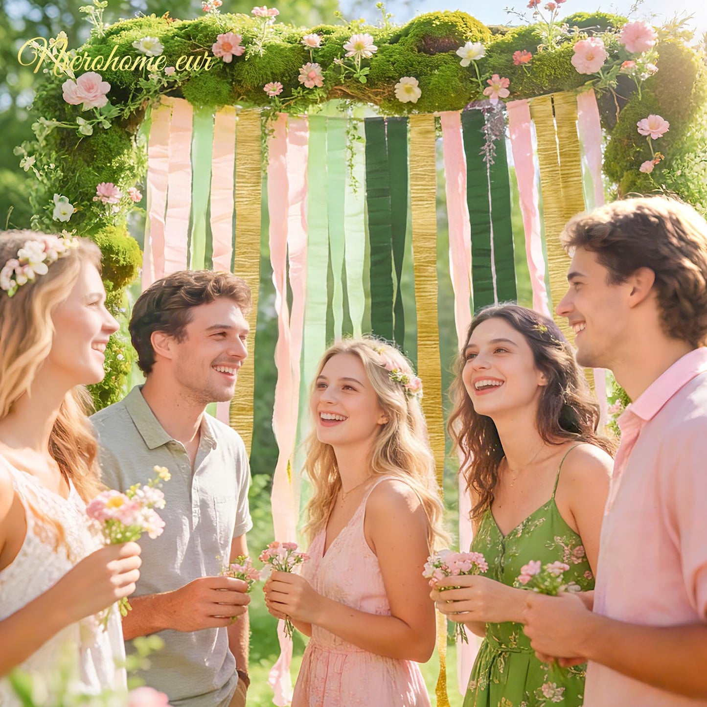 NICROHOME EUR Wedding Party Decorations, 8 Rolls Moss Sage Green Pink Crepe Paper Streamers for Boho Baby Shower, Wedding, Engagement Party, Spring Party, Birthday Party Supplies, 82 ft Long