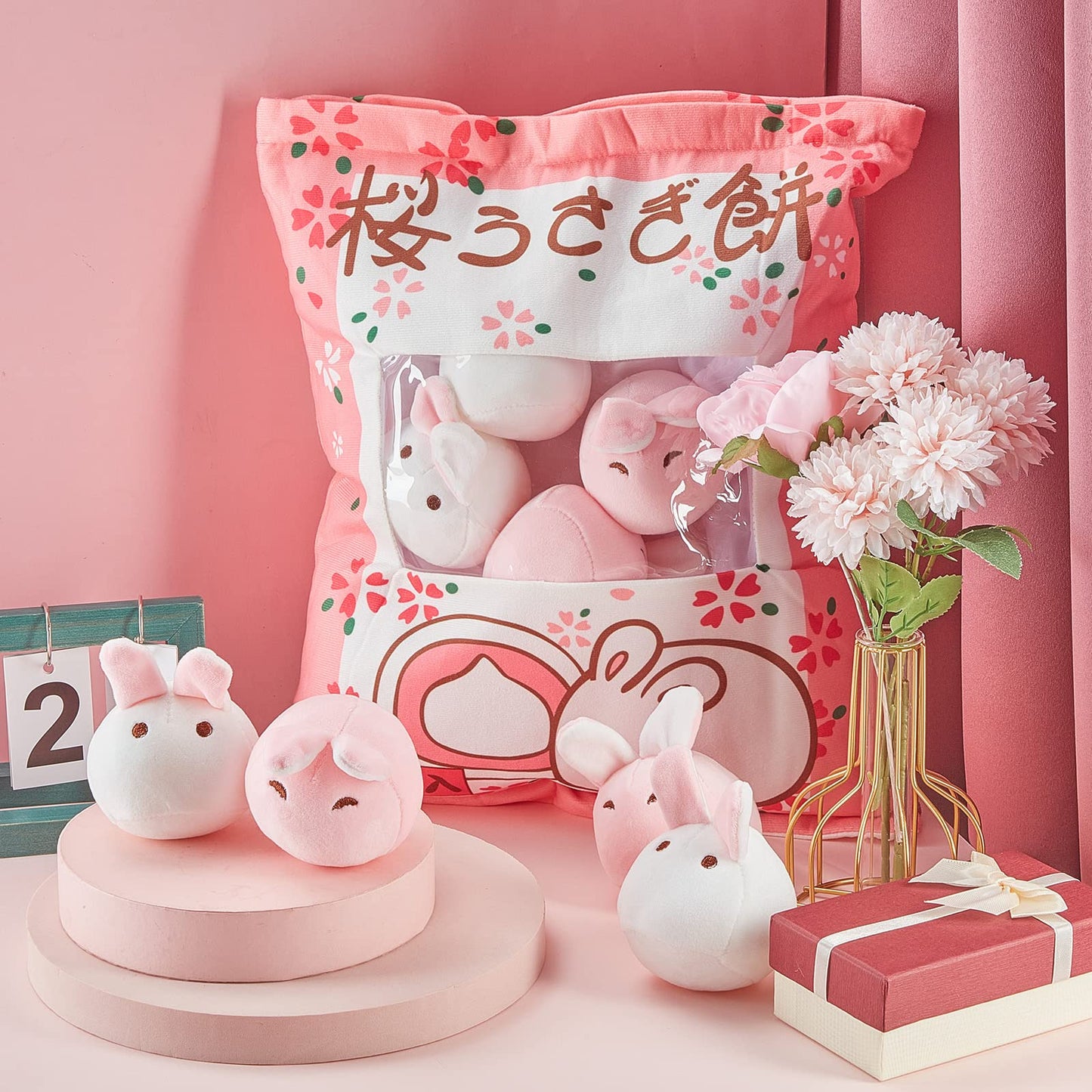 Civaner Kawaii Bunny Plush Pillow Cute Room Decor Cherry Blossom Throw Pillow Pink Removable Stuffed Animal Fluffy for Easter Home Birthday Spring Sakura Gifts Bag