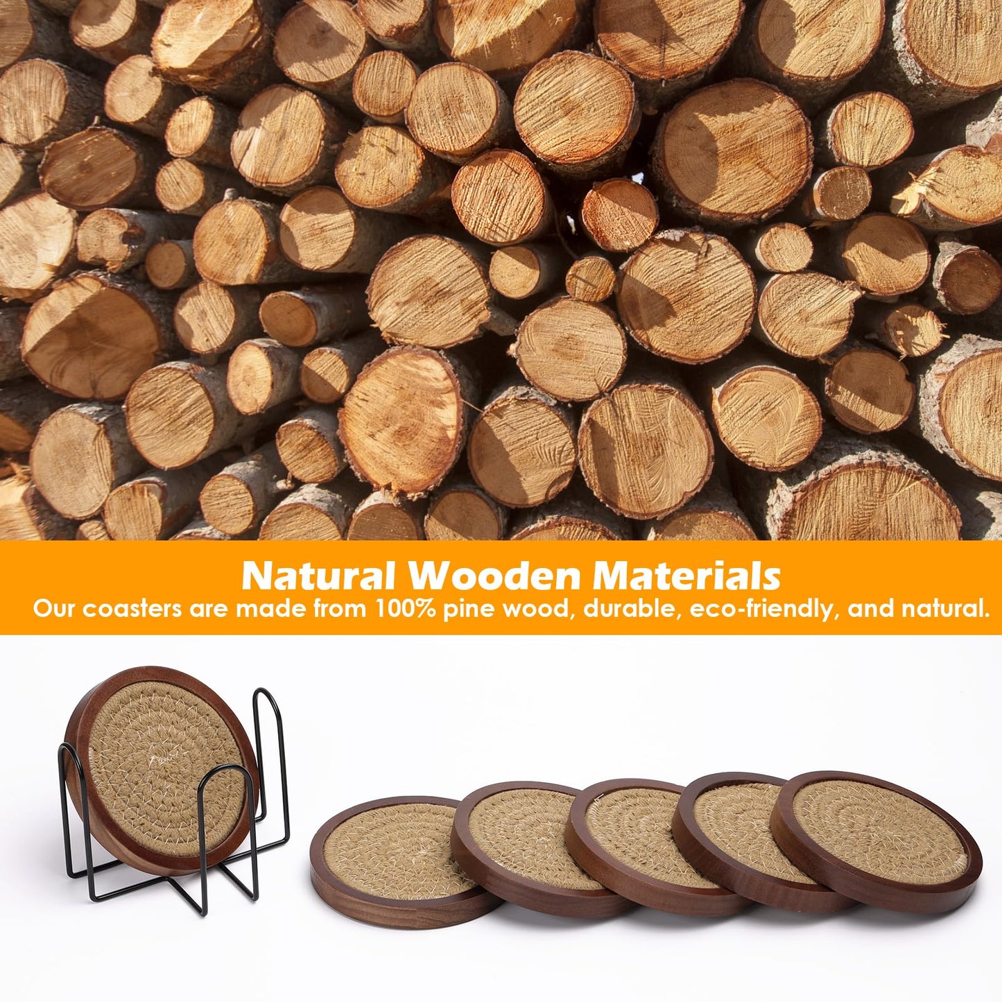 Mckanti 6 Pack Wood Coasters for Drinks with Cotton Coasters Insert, Wooden Coasters with Holder for Coffee Table Decor, Absorbent Coasters for Kinds of Cups, 4.3 Inches
