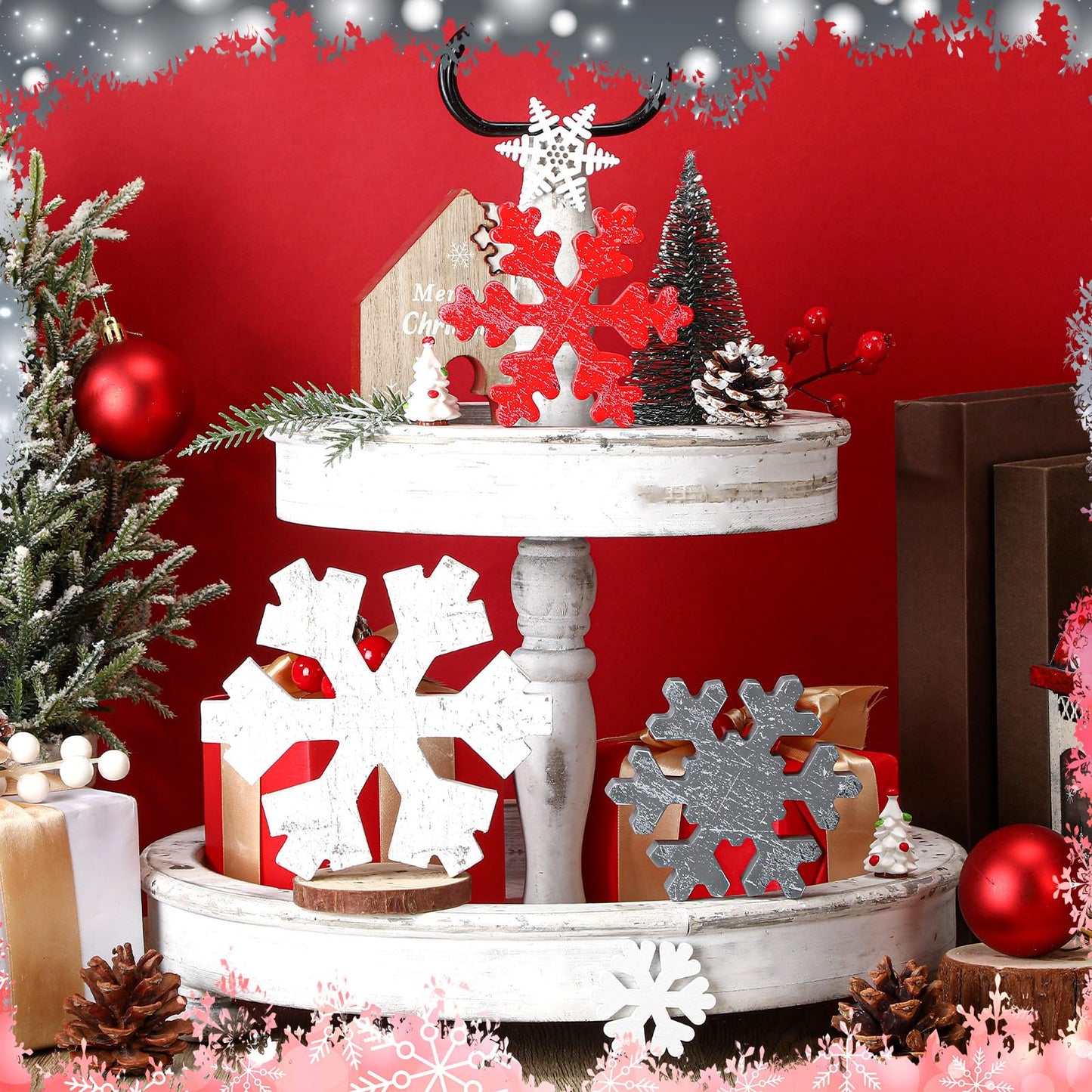 Bucherry 3 Pcs Winter Wooden Snowflake Decor Rustic Winter Snowflake Table Signs Wonderland Wood Blocks Farmhouse Christmas Tiered Tray Decorations for Xmas Table Shelf(Gray, Red, White)