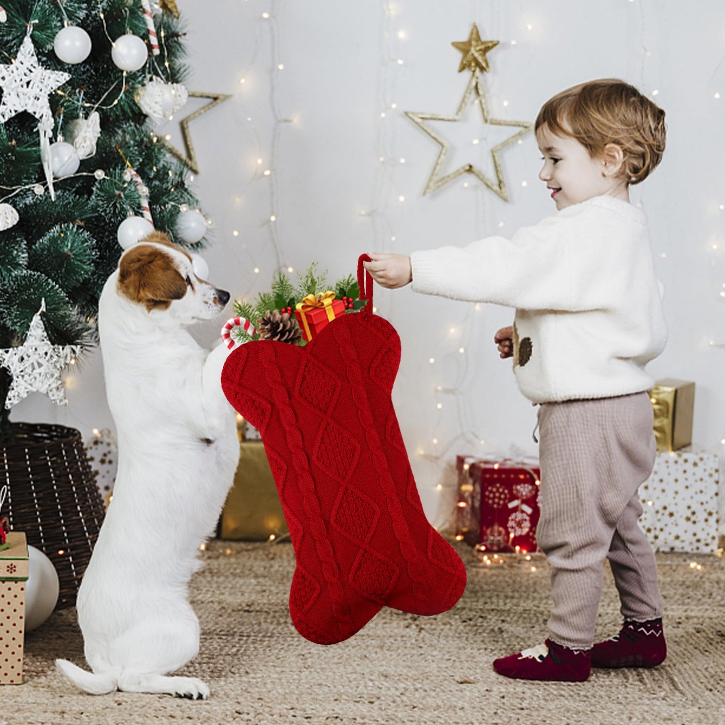 GOYOSWA Dog Christmas Stocking, 18 Inch Large Double Side Knitted Christmas Stocking for Dogs, Bone Shaped Hanging Dog Stocking for Dogs Pets (Red)
