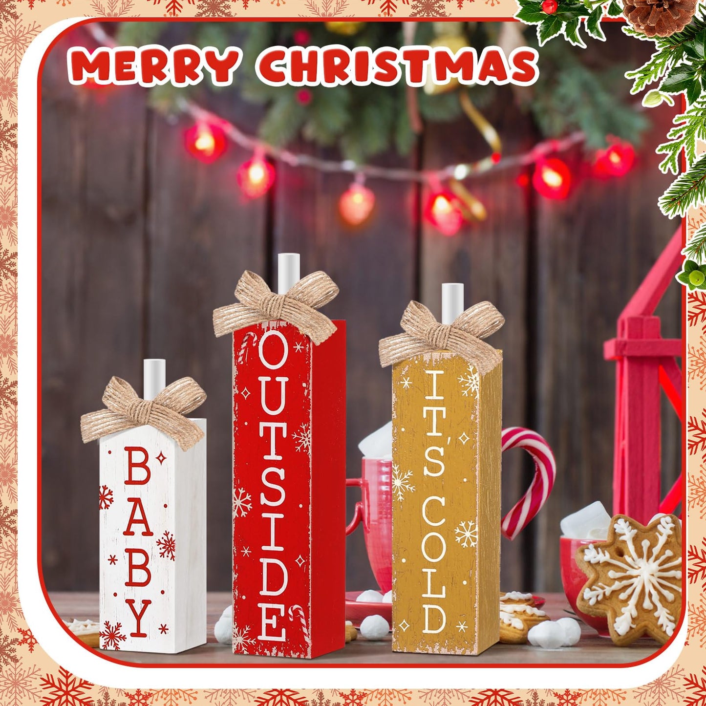 Cinnvoice 3 Pcs Christmas Table Decorations Winter Tiered Tray Decor Rustic Farmhouse Christmas Wooden Block Sign and Centerpieces for Xmas Winter Home Kitchen Mantel Shelf Decor(It's Cold Outside)