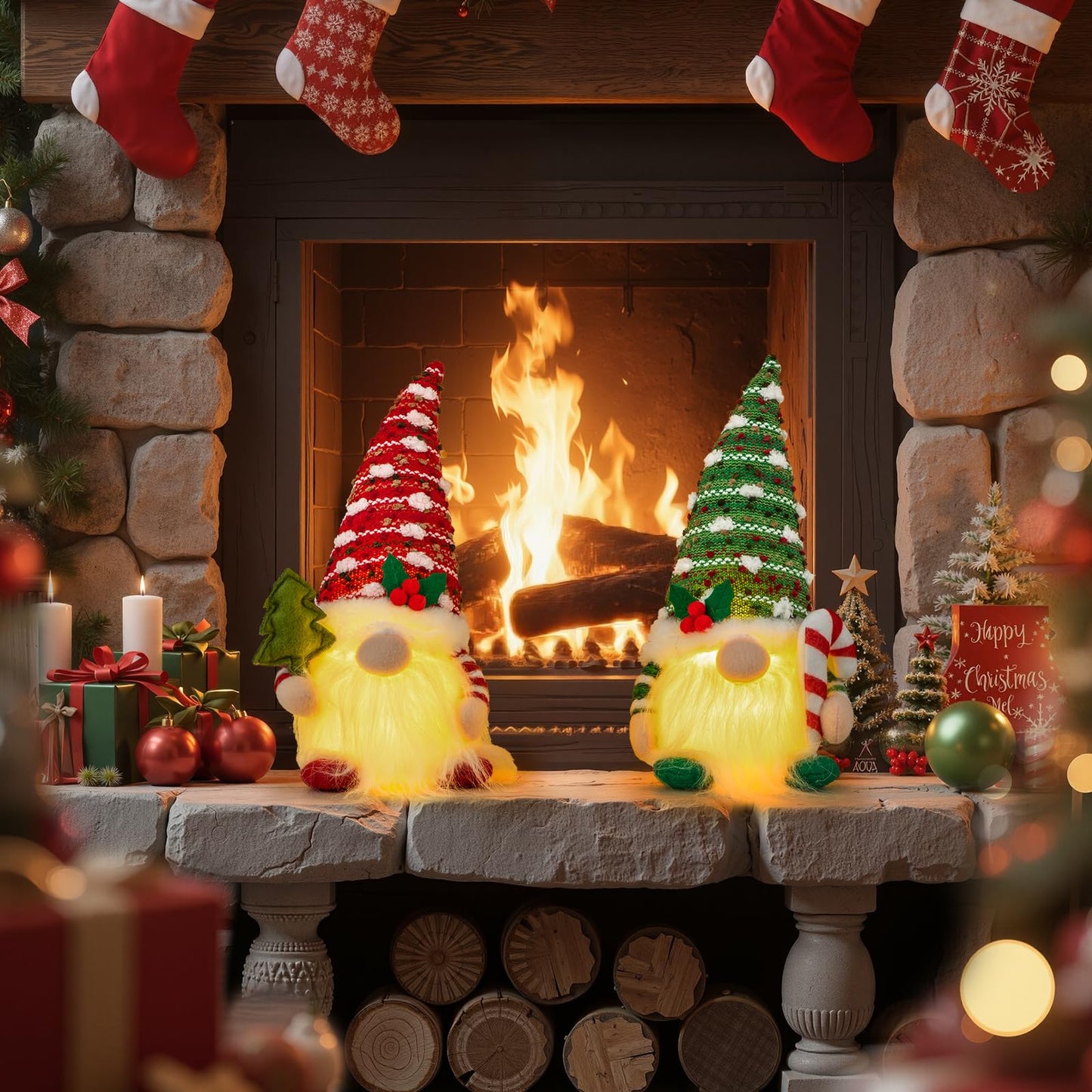 Christmas Gnome Decorations Indoor 11.4inch Light Up Christmas Gnomes Plush Home Decor Leprechaun Hold Candy Cane Ornaments with LED Lights Elf Tiered Tray Xmas Gifts Decor (Set of 2)