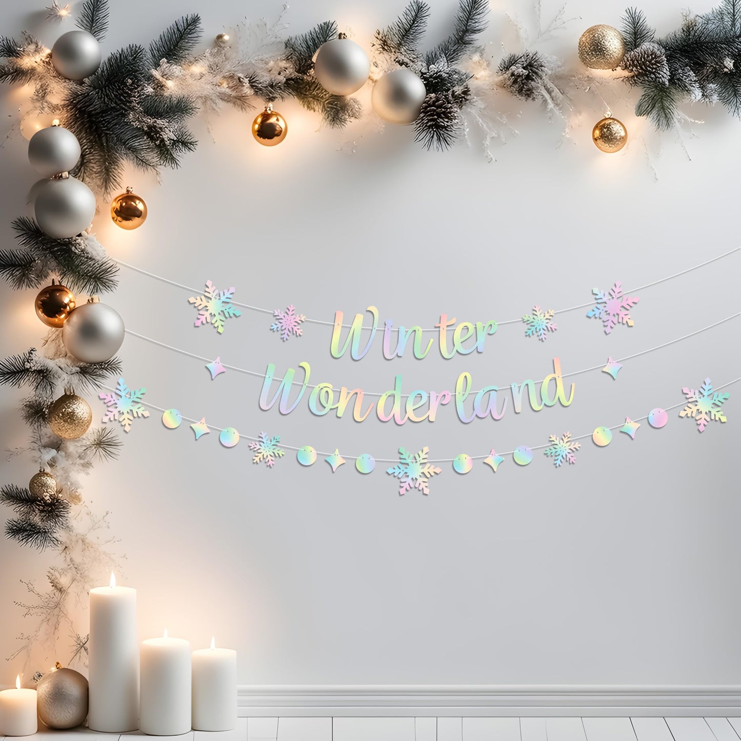 Holographic Winter Wonderland Banner, Iridescent Snowflake Garland Banner for Christmas Decoration
