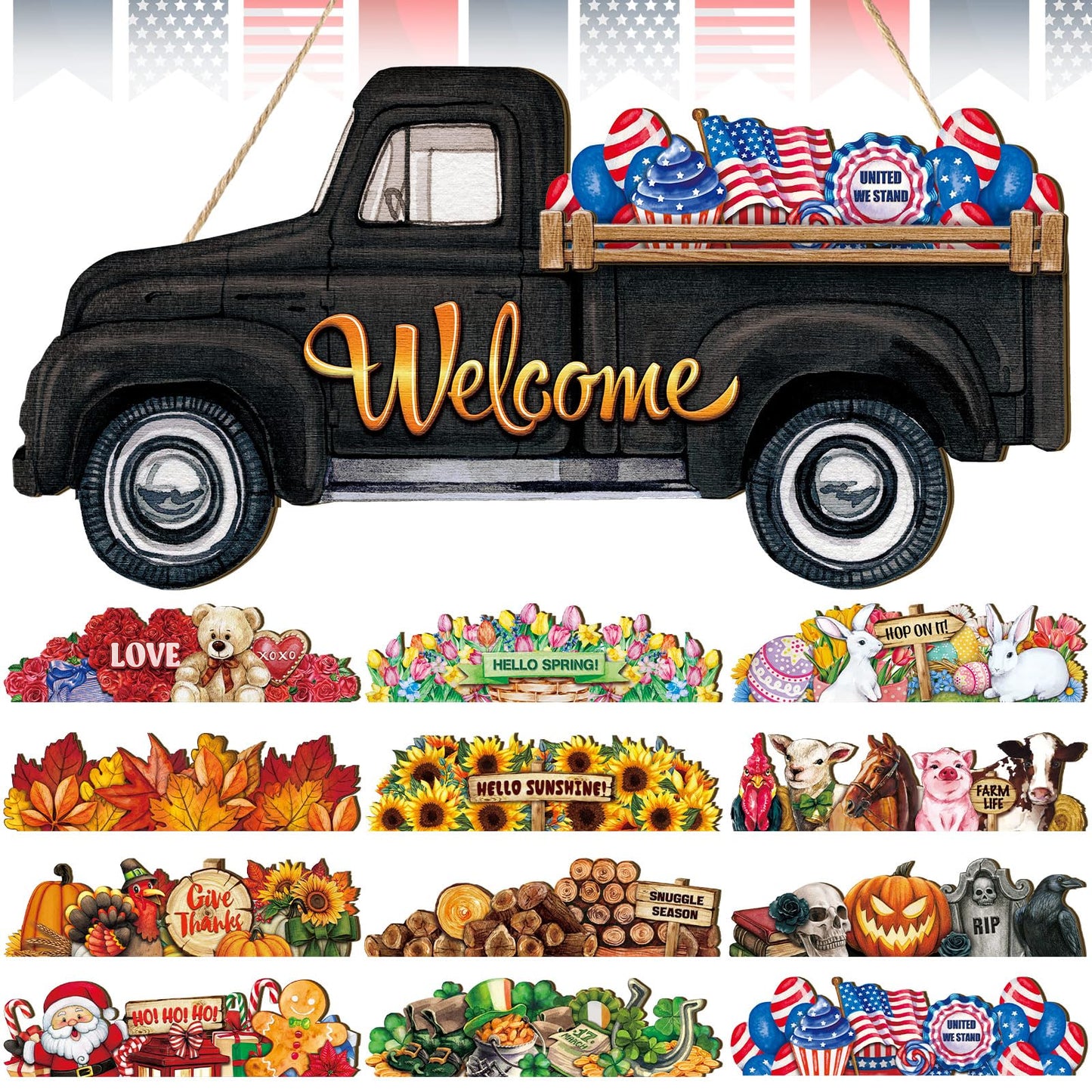 Ferraycle Independence Day Interchangeable Welcome Sign 4th of July Seasonal Truck Decor Door Signs with 12 Holiday Icons Rustic Farmhouse Interchangeable Holiday Decor(Black, Lateral Style)